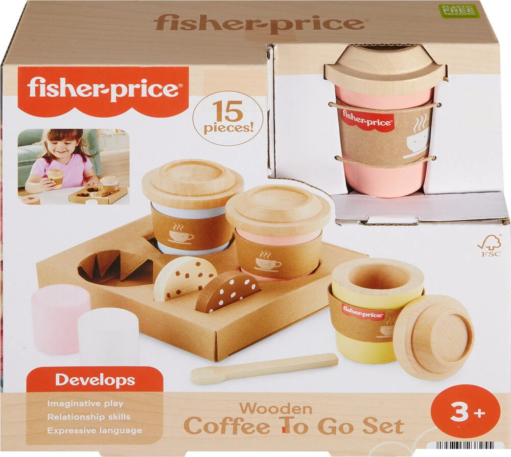 Fisher-Price Wooden Coffee To Go Set, Preschool Café Shop Playset, 15 Wood Pieces