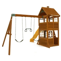 KidKraft McKinley Wooden Swing Set / Playset with Clubhouse, Mailbox, Play Kitchen and Slide