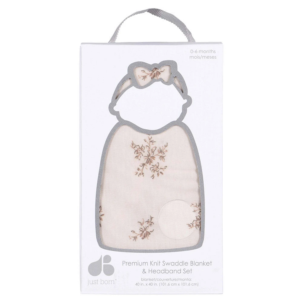 Just Born  - 2 piece Swaddle Blanket+Headband Pink Floral
