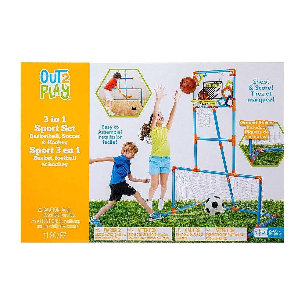 Out2Play - 3 In 1 Sport Set Basketball, Soccer, Hockey