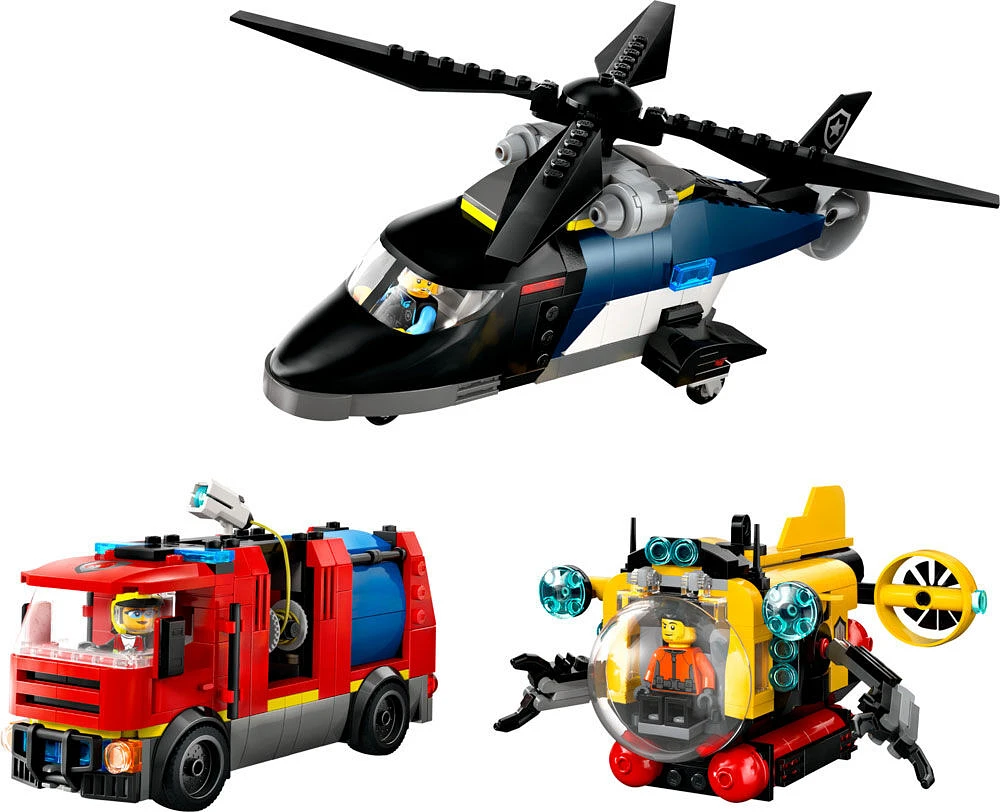 LEGO City Ensemble hélicoptère, camion de pompiers et sous-marin, ensemble de construction de jouet pour les enfants de 7 ans et plus 60462