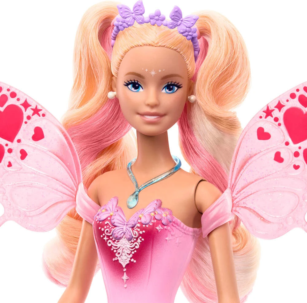 Barbie Fantaisie Poupée Fée, ailes et tenue à changement de couleur