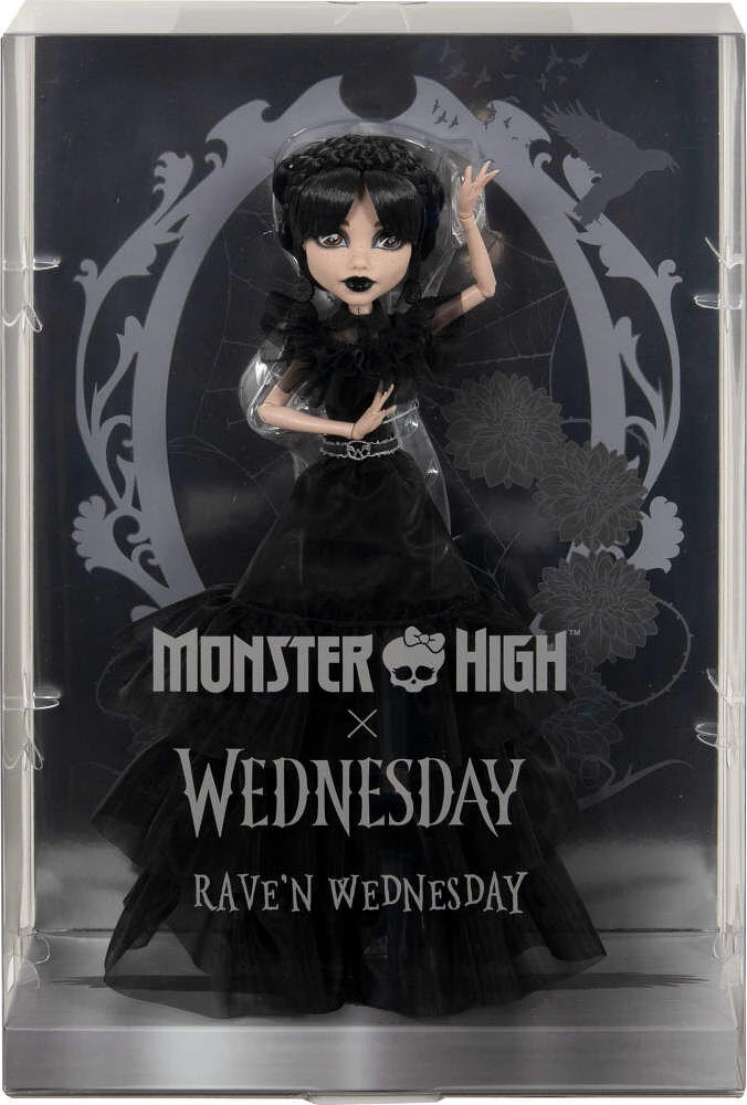 Monster High Mercredi Addams en Tenue de Bal Poupée à collectionner vêtue d'une robe gothique noire inspirée de la scène de danse, accessoires de qualité et socle pour poupée