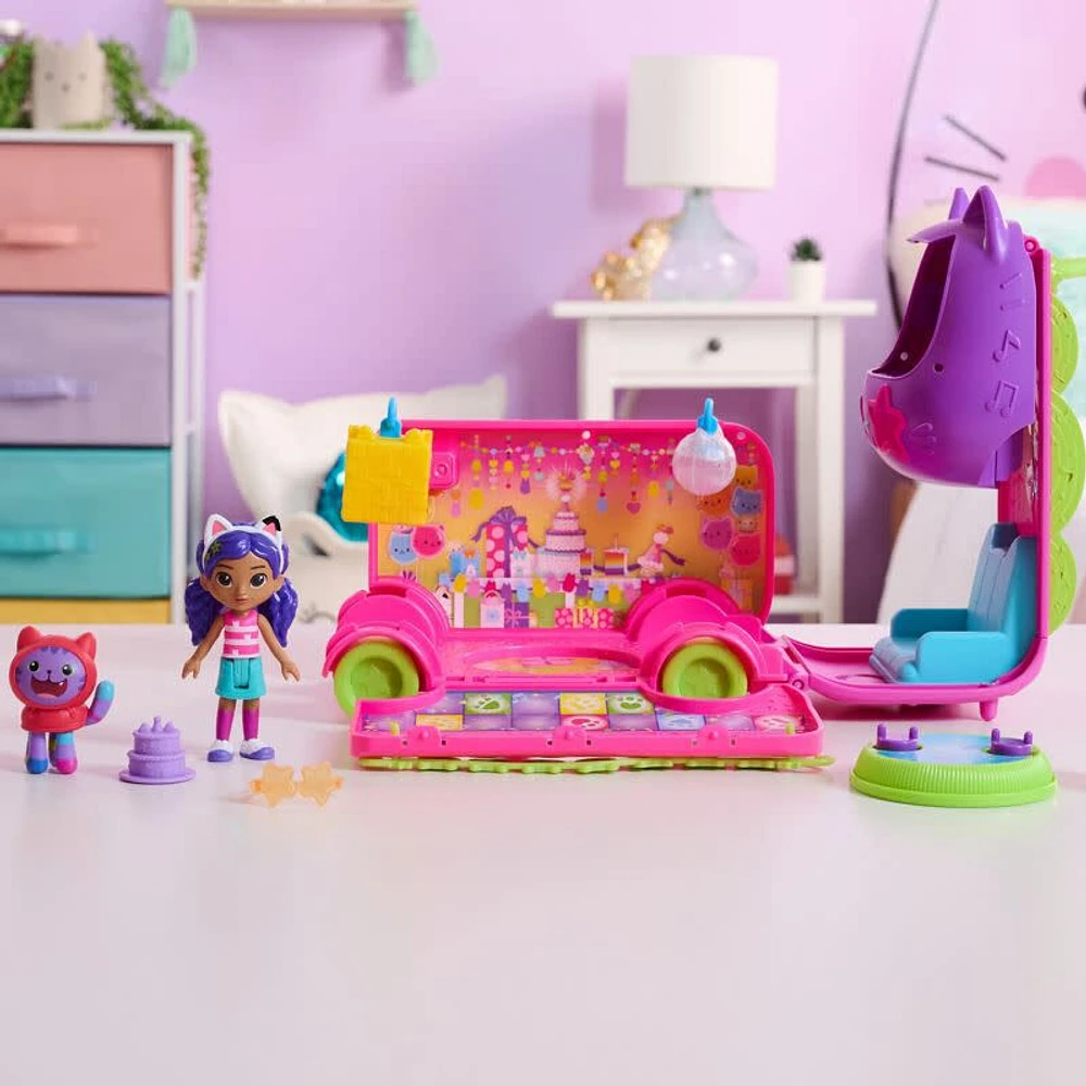 Gabby's Dollhouse, Coffret bus de fête avec figurines Gabby et DJ Miaou, Accessoires pour maison de poupée