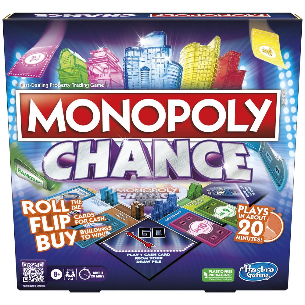 Monopoly Chance, jeu de plateau Monopoly rapide pour la famille, pour 2 à 4 joueurs, environ 20 min.