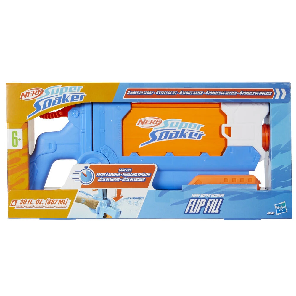 Nerf Super Soaker Flip Fill, blaster à eau avec 4 styles de jet, remplissage rapide, capacité de 887 mL d'eau, jouets d'eau