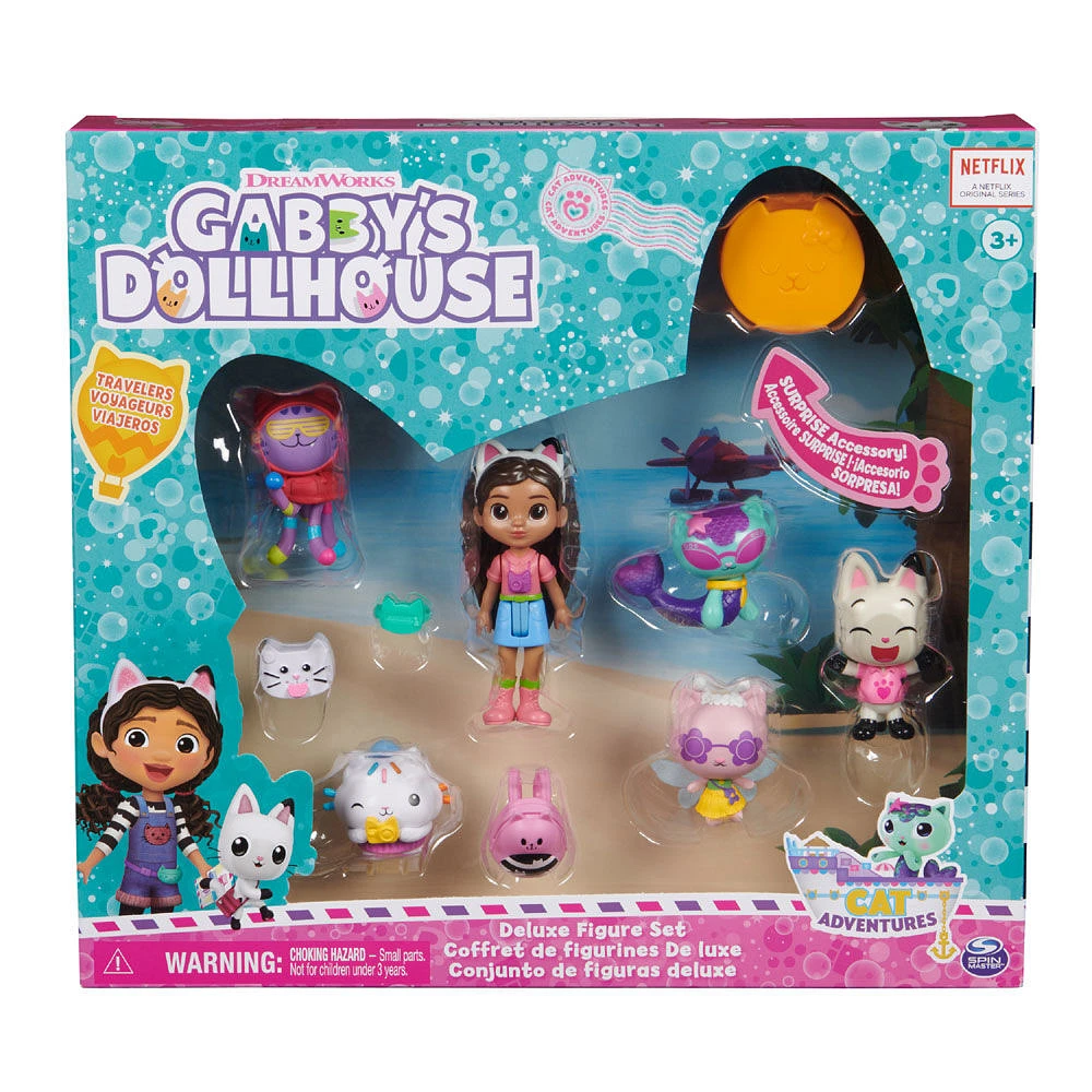 Gabby's Dollhouse, Coffret de figurines édition voyage avec une poupée Gabby, 5 figurines chat, jouets surprise et accessoires pour la maison magique