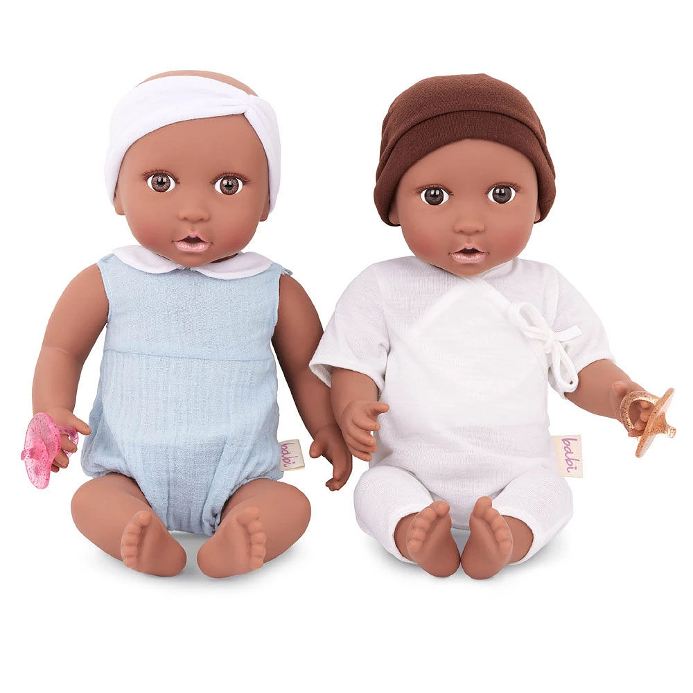 Babi Twin Dolls - Brown Eyes, Hat and White Headband 14-inch Baby Boy and Girl Doll Twins