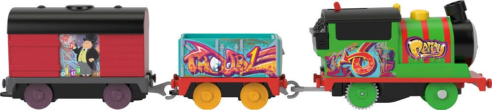 Thomas & Friends Graffiti Percy Motorized Toy Train Engine with Cargo Cars for Preschool Kids