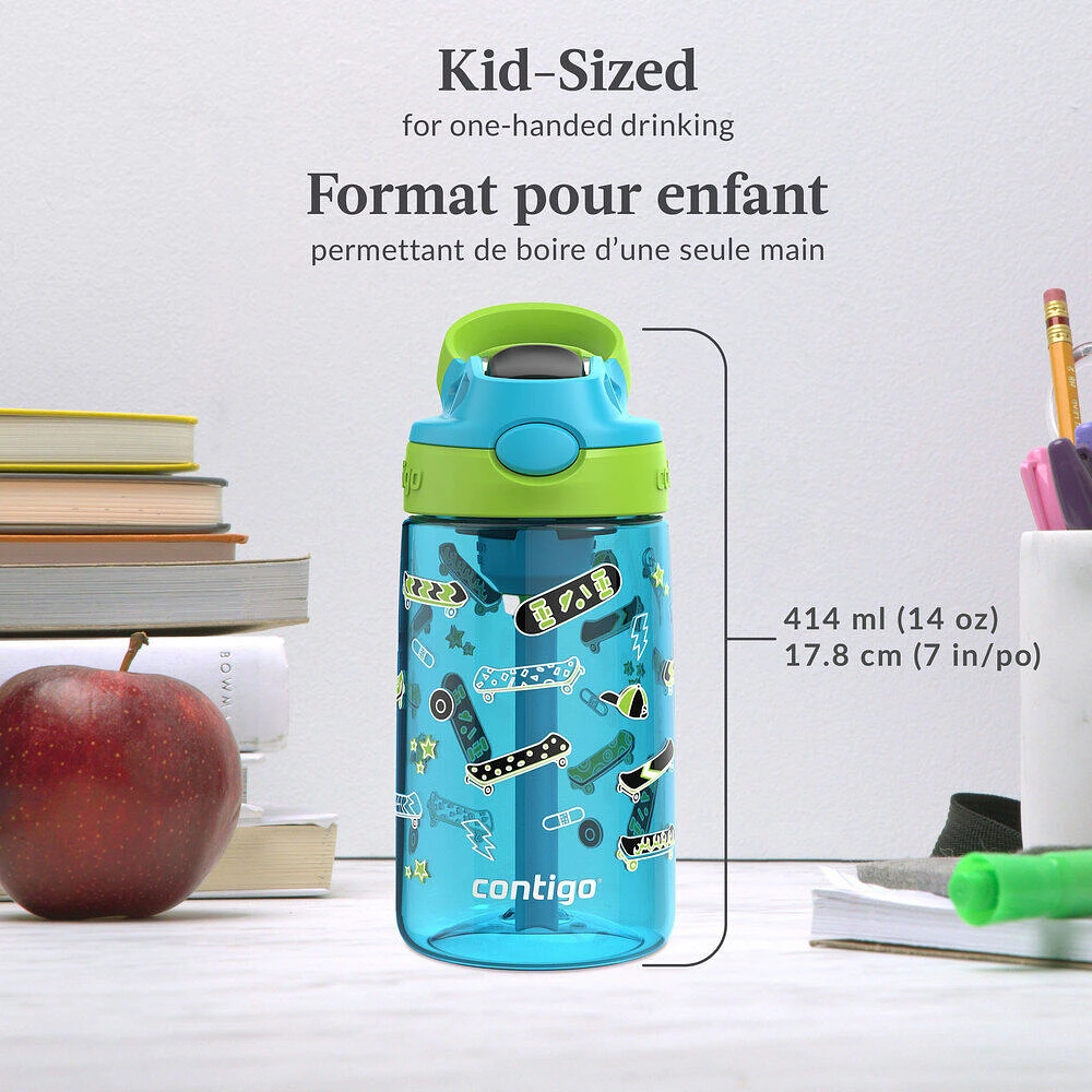 Bouteille d’eau antifuite et antidéversement pour enfants Contigo Aubrey avec paille, patineur lime framboise bleue, 414 ml