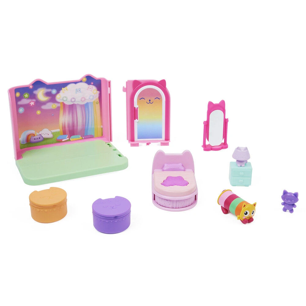 DreamWorks, Gabby's Dollhouse, Sweet Dreams Bedroom avec figurine Pillow Cat et 3 accessoires, 3 meubles et 2 boîtes surprises