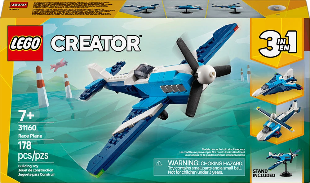 LEGO Creator 3 in 1 Aircraft Race Plane Building Toy - with 3 Building Options, Airplane, Fighter Jet, or Helicopter 31160