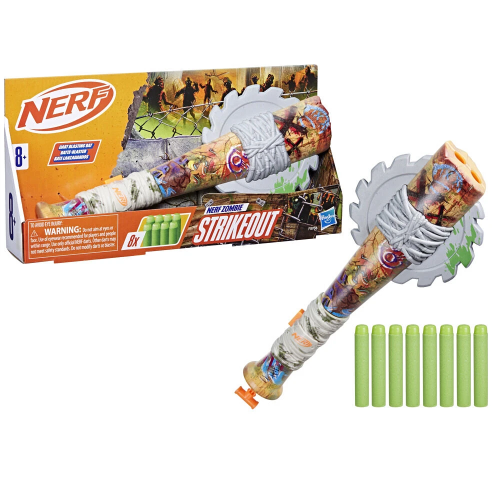 Nerf Zombie Strikeout, blaster à fléchettes, 8 fléchettes Nerf Elite, épée en mousse, poignée d'amorçage, jeux d'extérieur