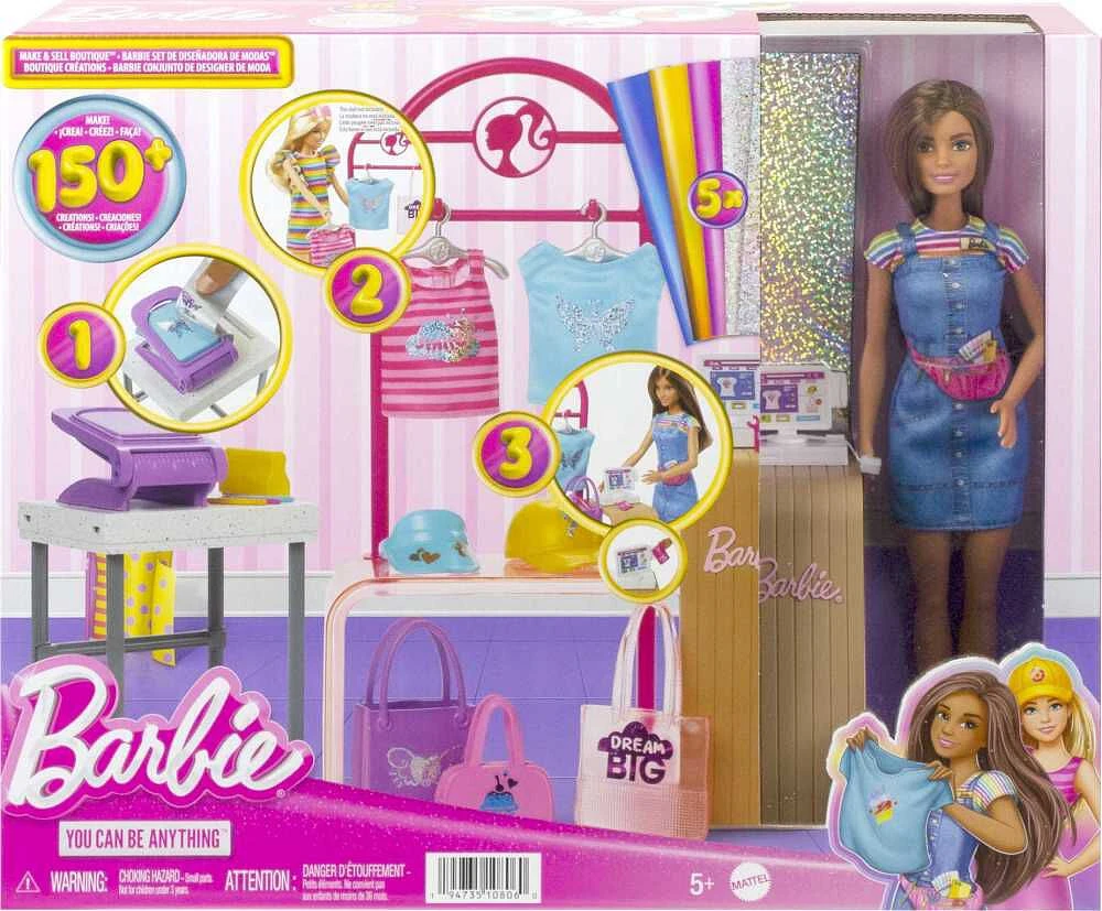 Barbie Make and Sell Boutique Playset with Brunette Doll, Foil Design Tools, Clothes and Accessories