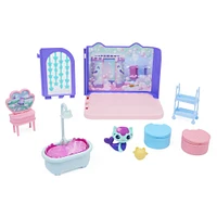 DreamWorks, Gabby's Dollhouse, Primp and Pamper Bathroom avec figurine MerCat, 3 accessoires, 3 meubles et 2 boîtes surprises