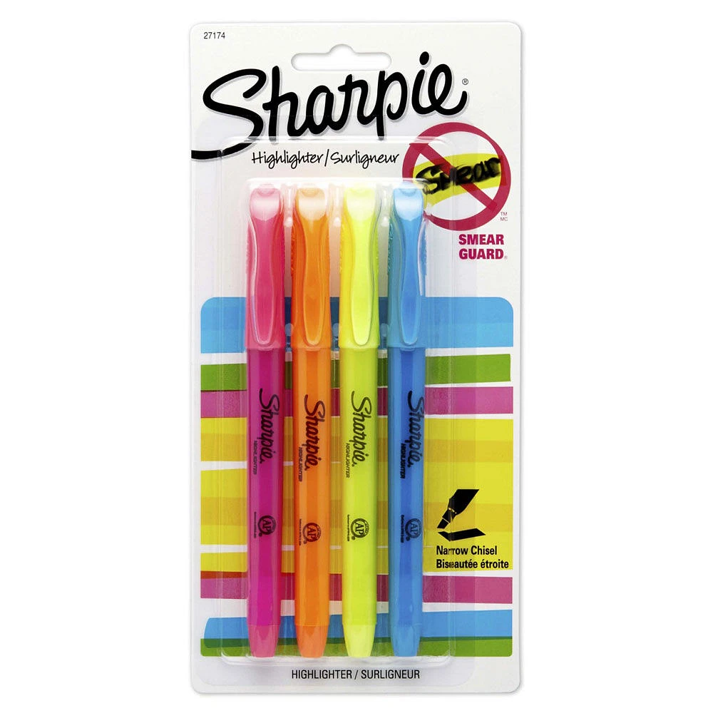 Sharpie Pocket Highlighters, Narrow Chisel Tip, Assorted Colours, 4 Count