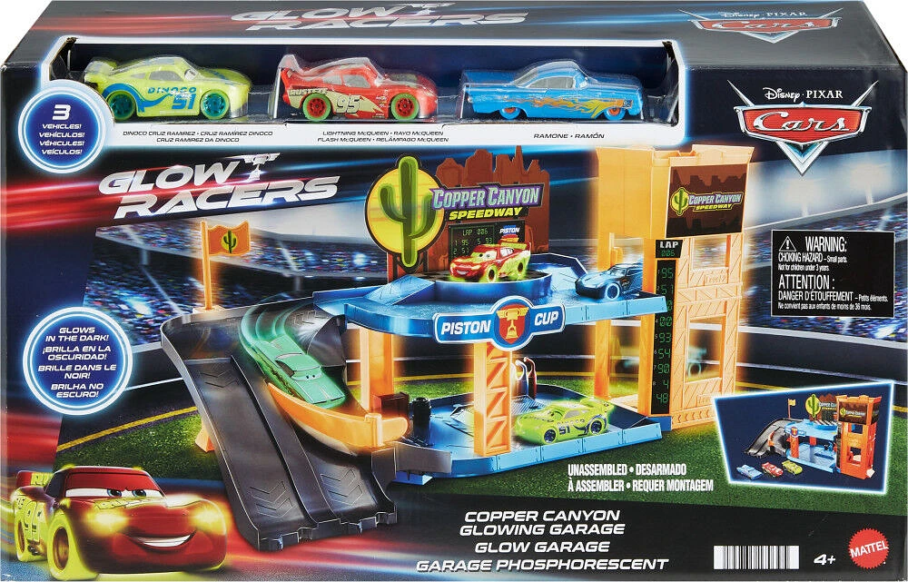 Disney and Pixar Cars Glow Racers Copper Canyon Glowing Garage Playset with 3 1:55 Scale Glow-in-the-Dark Vehicles