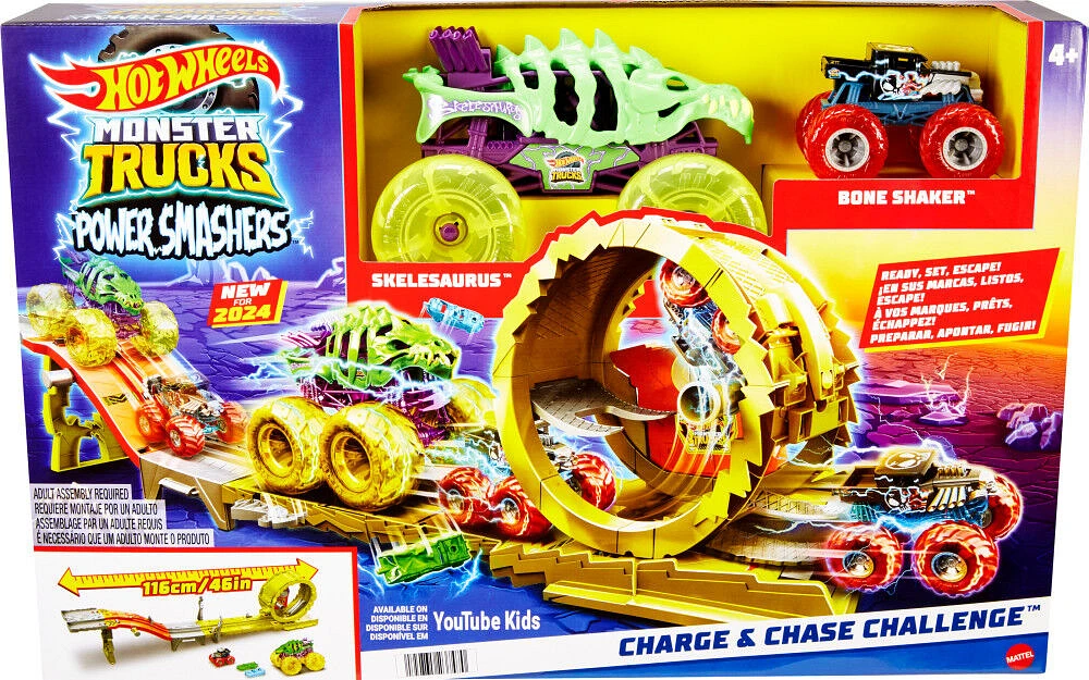Hot Wheels Monster Trucks Power Smashers Race & Chase Challenge with Oversized Skelesaurus, 1:64 Scale Bone Shaker & 2 Crushed Cars