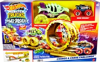 Hot Wheels Monster Trucks Power Smashers Race & Chase Challenge with Oversized Skelesaurus, 1:64 Scale Bone Shaker & 2 Crushed Cars