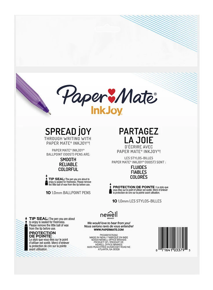 Paper Mate InkJoy 100ST Ballpoint Pens, Medium Point (1.0 mm), Assorted Colours, 10 Count