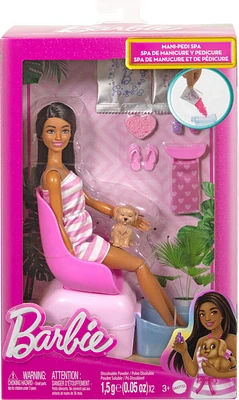 Barbie Mani-Pedi Spa Playset with Brunette Fashion Doll, Puppy & 7 Accessories, Color-Change Feature