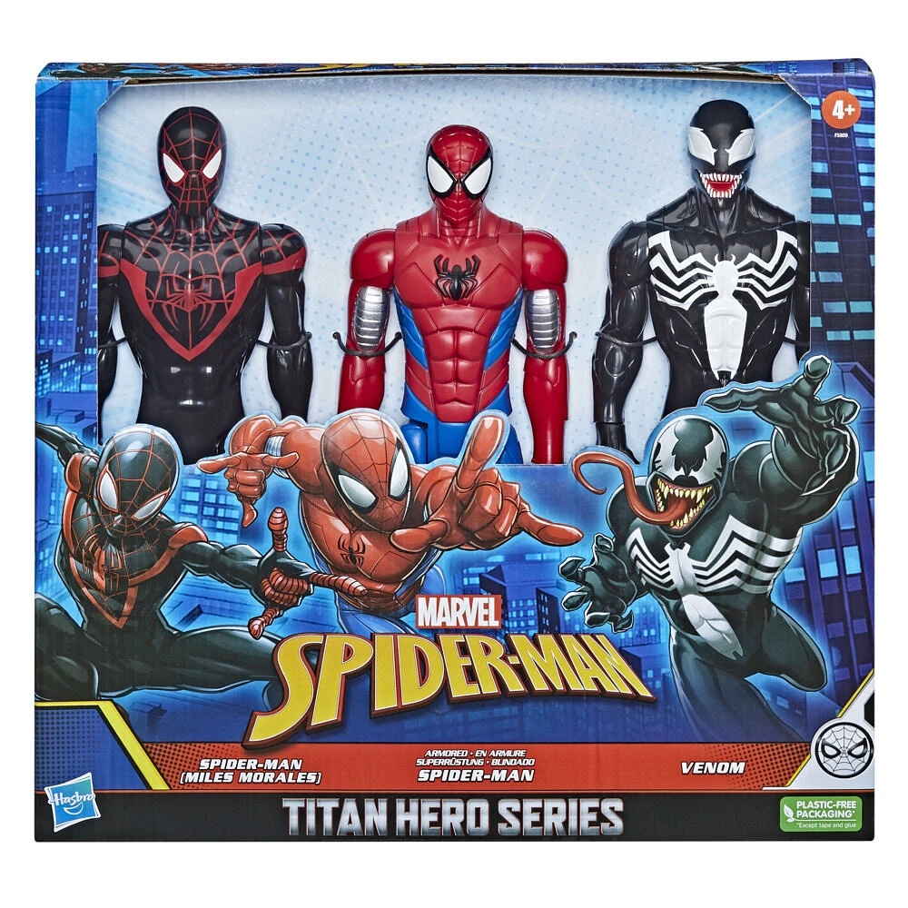 Marvel Spider-Man Titan Hero Series Spider-Man (Miles Morales) Armored Spider-Man Venom 12-Inch-Scale Figure 3-Pack