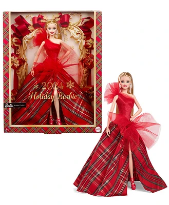 Barbie Joyeux Noël 2024 Poupée Barbie blonde emblématique portant une robe à carreaux, cadeau collector pour les fêtes, avec emballage de présentation