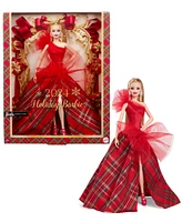 Barbie Joyeux Noël 2024 Poupée Barbie blonde emblématique portant une robe à carreaux, cadeau collector pour les fêtes, avec emballage de présentation
