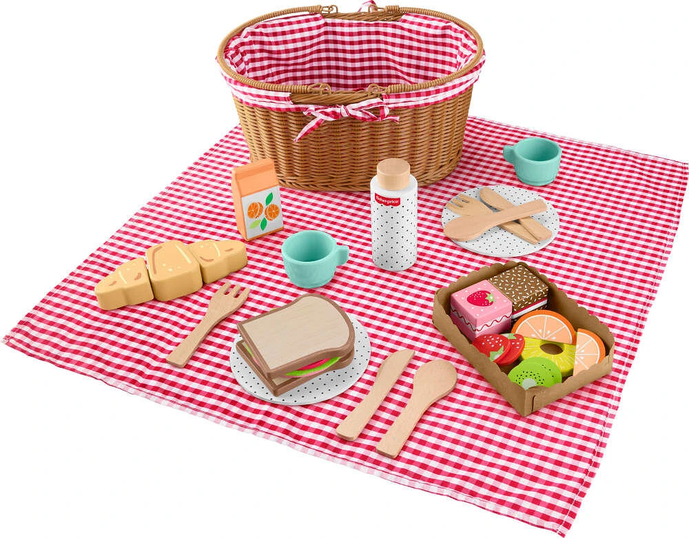 Fisher-Price Wooden Picnic Basket & Food Pretend Play Set for Preschool Kids, 31 Wood Pieces