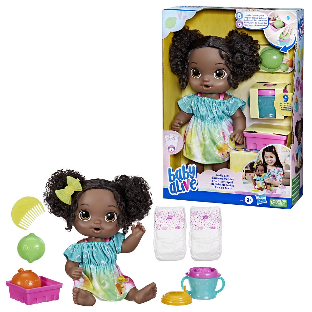 Baby Alive, coffret poupée Boissons fruitées, citron vert, 30 cm, boit et mouille sa couche, presse-agrumes factice, cheveux noirs