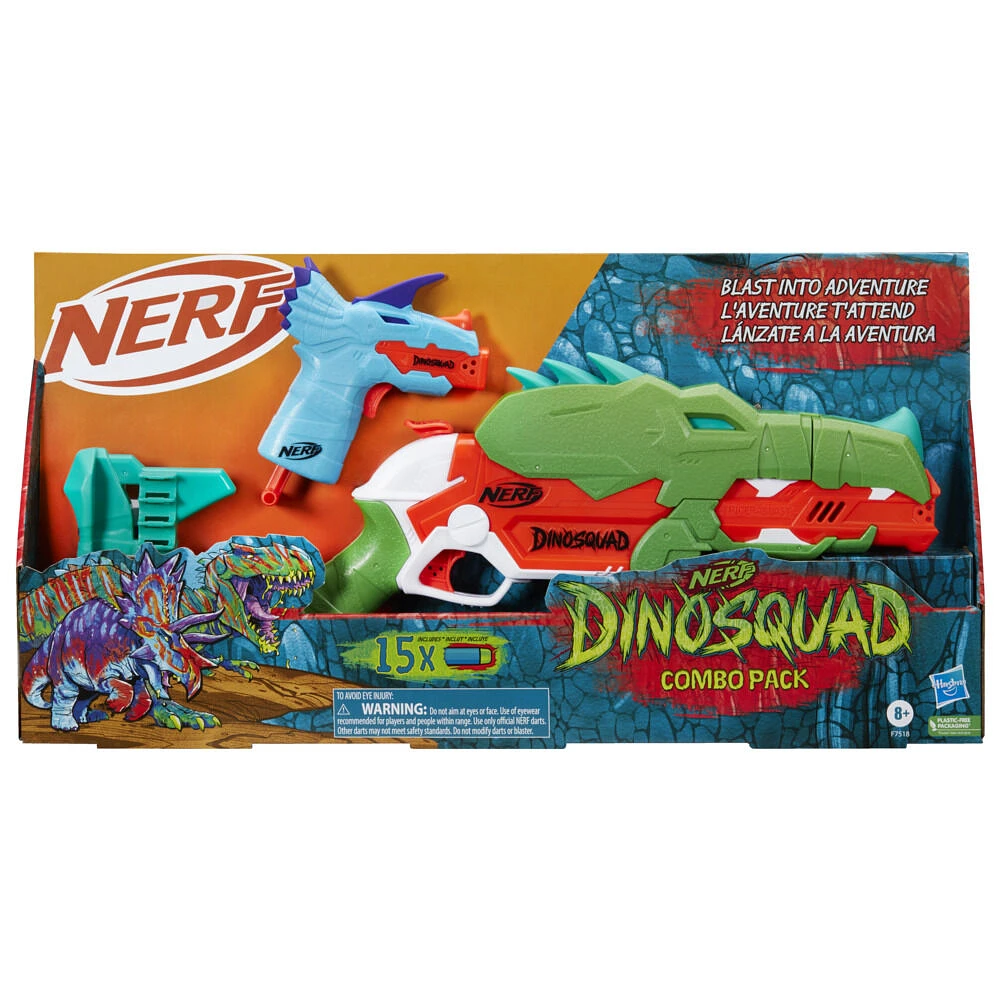 Nerf DinoSquad Combo Pack, 2 blasters Nerf aux designs de dinosaures exclusifs, 15 fléchettes en mousse Nerf Elite - Notre exclusivité