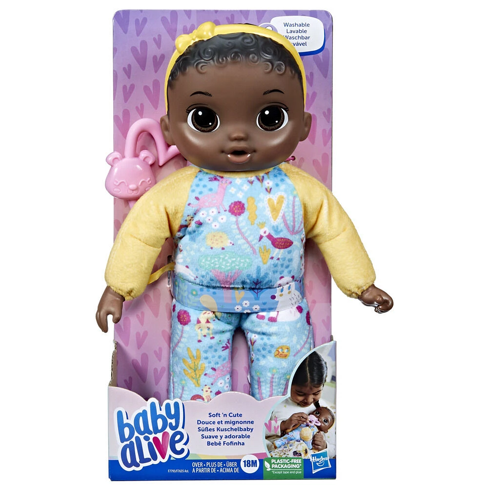 Baby Alive Soft 'n Cute, cheveux noirs, première poupée de bébé, lavable au corps souple, 28 cm
