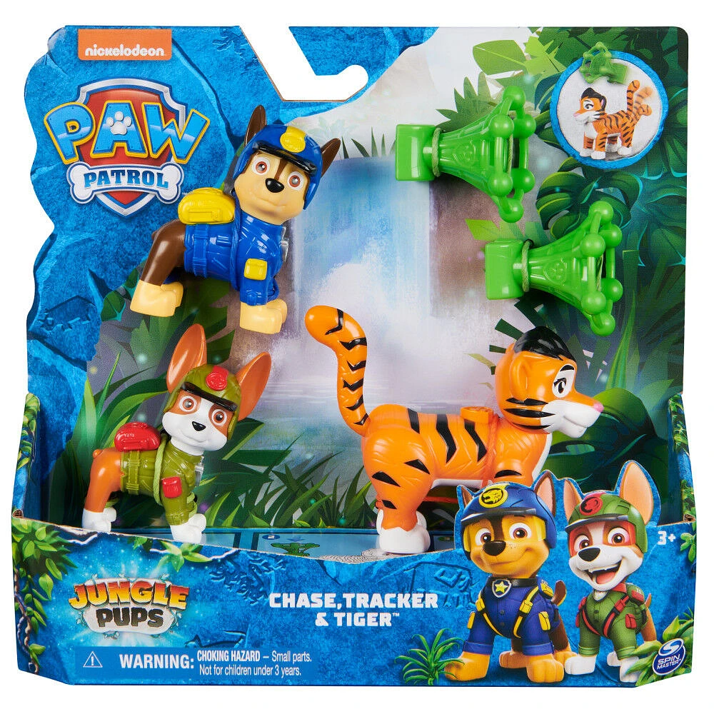 PAW Patrol Jungle Pups, Figurines articulées Chase, Tracker & Tiger avec lance-projectile