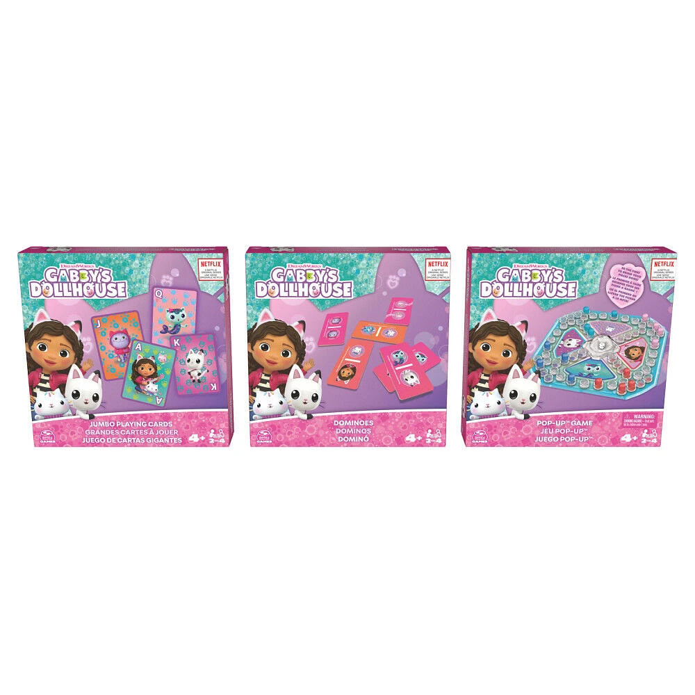 Gabby's Dollhouse, Coffret cadeau de 3 jeux, jeu Pop-Up, dominos, cartes géantes, jouets Gabby et la maison magique