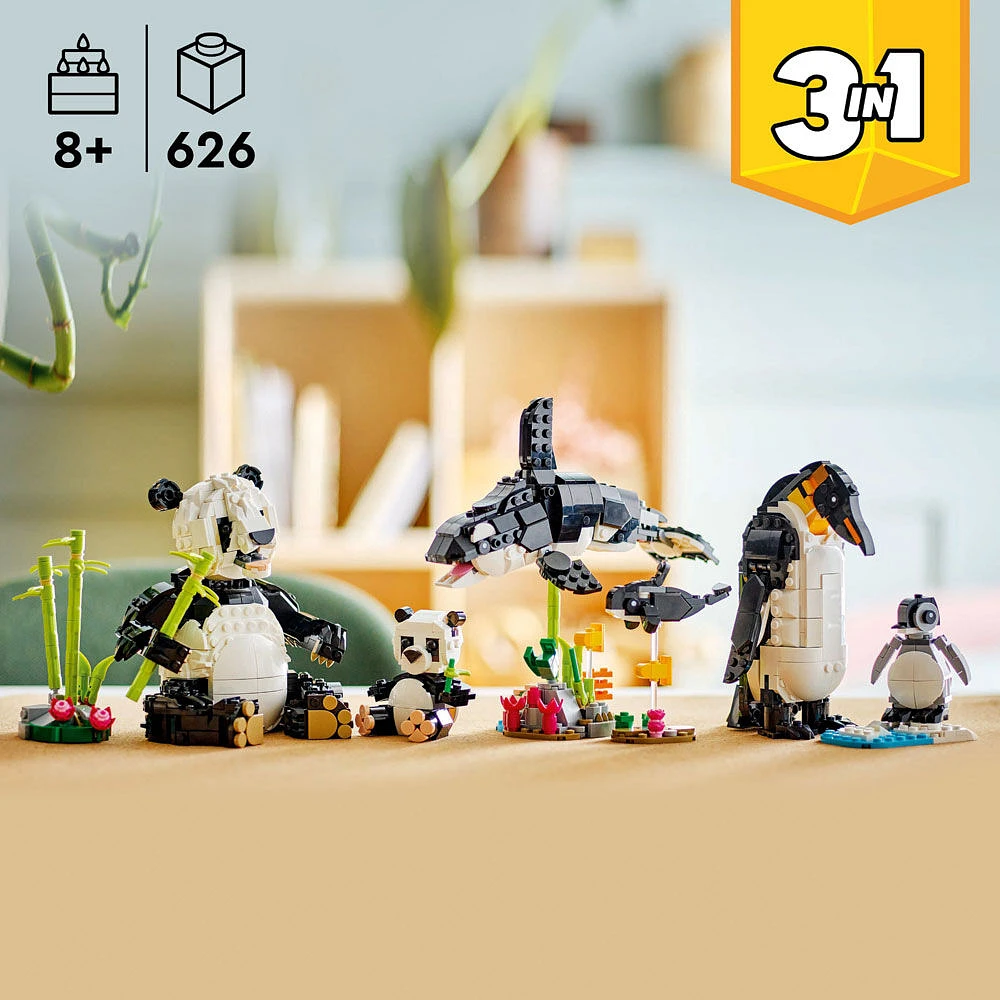 LEGO Creator 3en1 Les animaux sauvages : la famille de pandas, Ensemble de jeu, Se transforme en orque ou en pingouin 31165