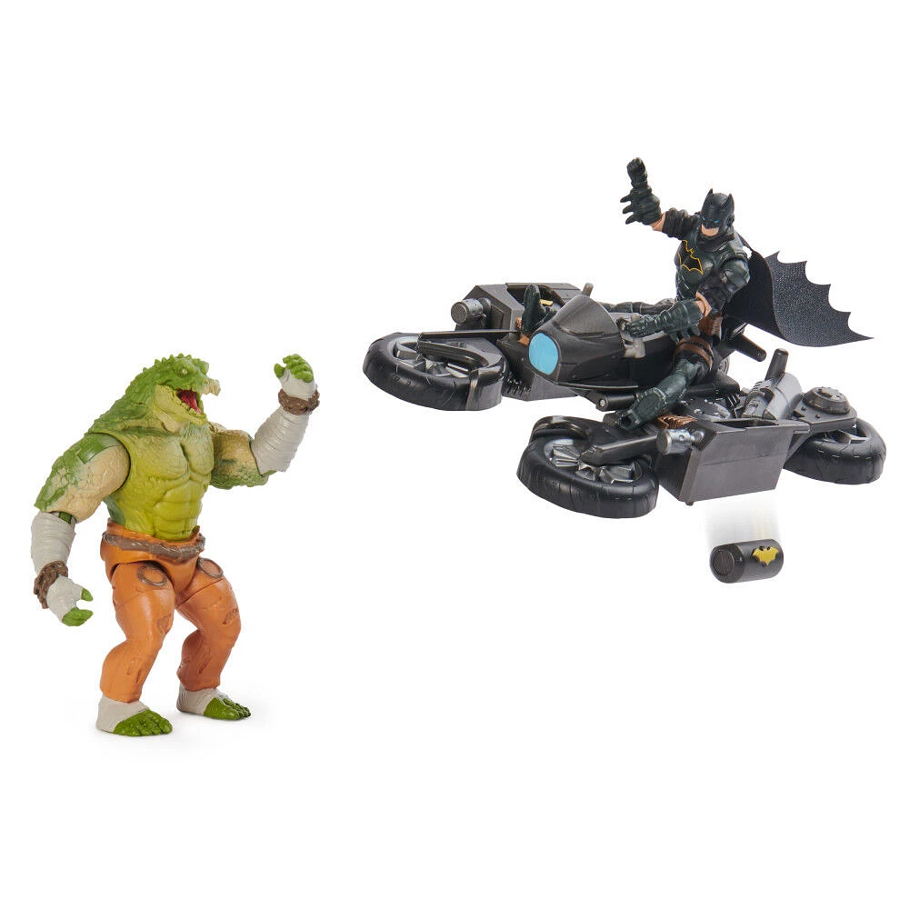 DC Comics, Batman Transforming Batcycle Battle Pack avec figurines articulées Killer Croc et Batman exclusives de 10 cm