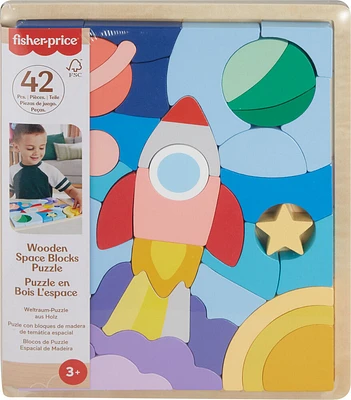 Fisher-Price Wooden Space Blocks Puzzle for Preschool Kids, 42 Wood Pieces