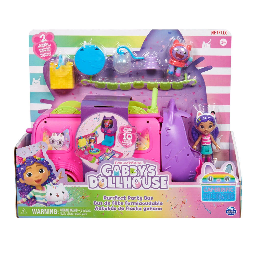 Gabby's Dollhouse, Coffret bus de fête avec figurines Gabby et DJ Miaou, Accessoires pour maison de poupée