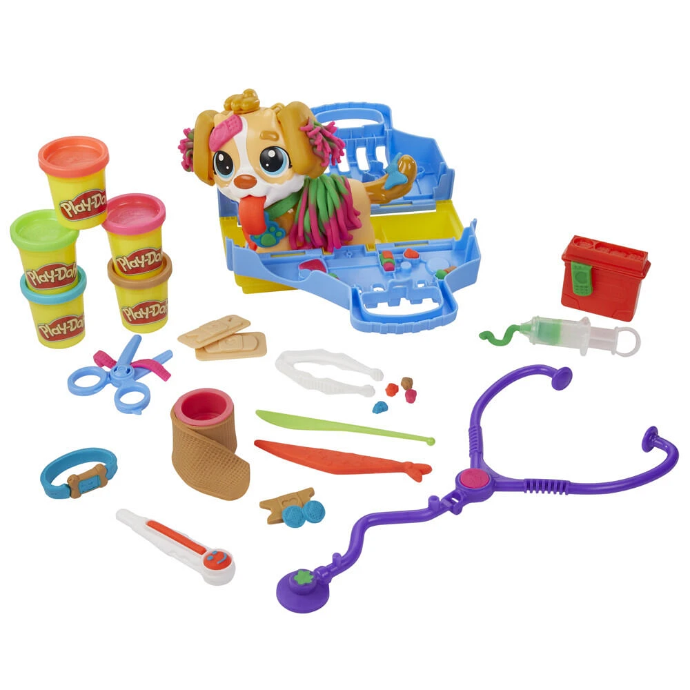 Play-Doh, Coffret Le cabinet vétérinaire avec chien, mallette avec rangement, 10 outils et 5 pots de pâte à modeler atoxique