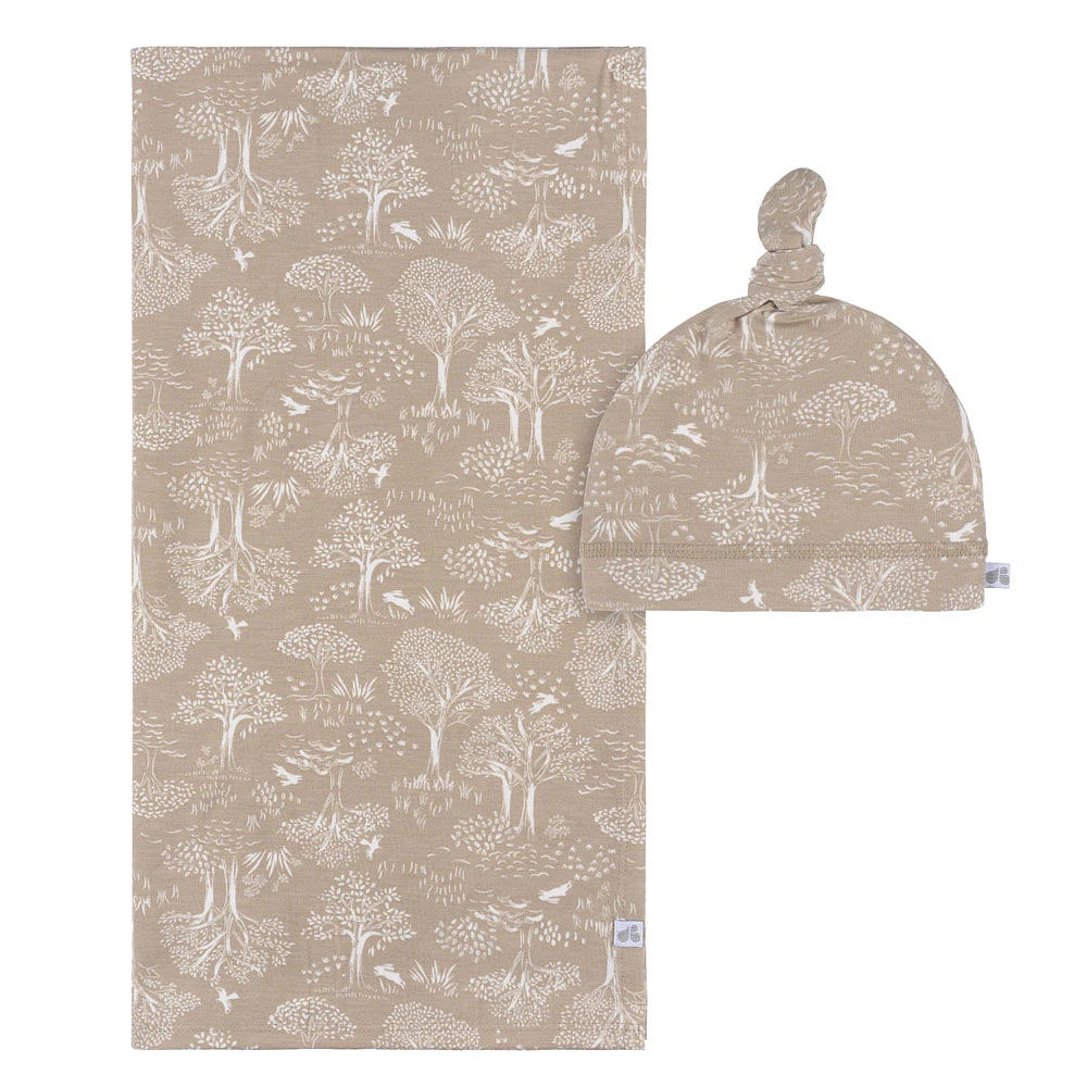 Just Born - 2 piece Swaddle Blanket+Hat Ivory Tan Forest