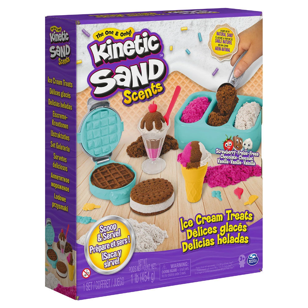 Kinetic Sand Scents, Coffret Ice Cream Treats contenant 3 couleurs de sable parfumé entièrement naturel et 6 outils de service