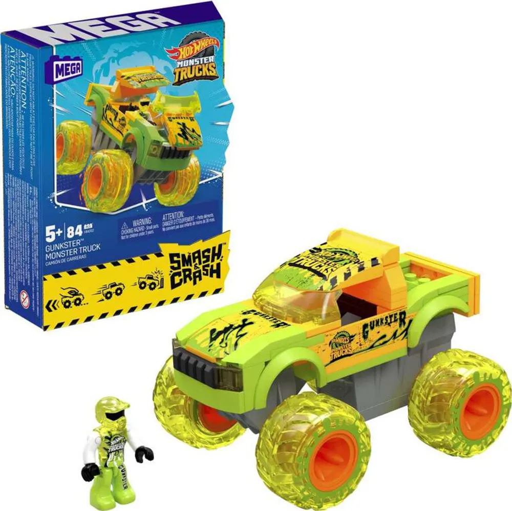 Hot Wheels Monster Trucks Arena Smashers Glow-in-The-Dark Gunkster Playset  with 1 Glow-in-The-Dark 1:64 Scale Gunkster Toy Truck & 2 Crushable Cars