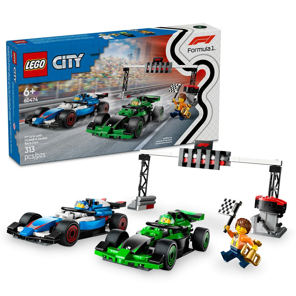 LEGO City La grille de départ de F1 avec les voitures de course de VCARB et de Sauber, ensemble de véhicules avec 2 figurines de pilote 60474