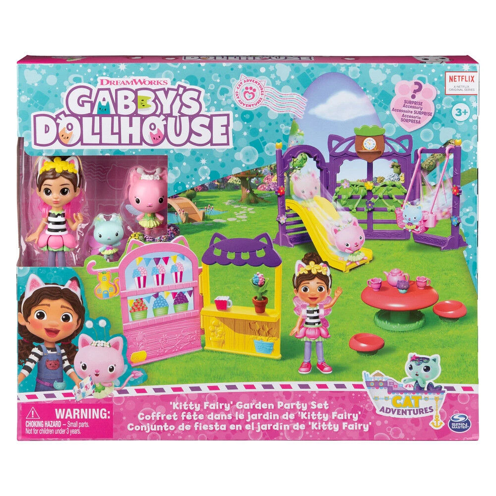 Gabby's Dollhouse, Fête dans le jardin de Kitty Fairy, Coffret de 18 pièces avec 3 figurines, jouets surprises et accessoires maison de poupée