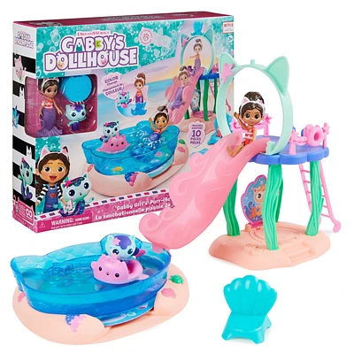 Gabby's Dollhouse, Coffret piscine senchationnelle avec figurines Gabby et Marine, Queues de sirène qui changent de couleur et accessoires de piscine