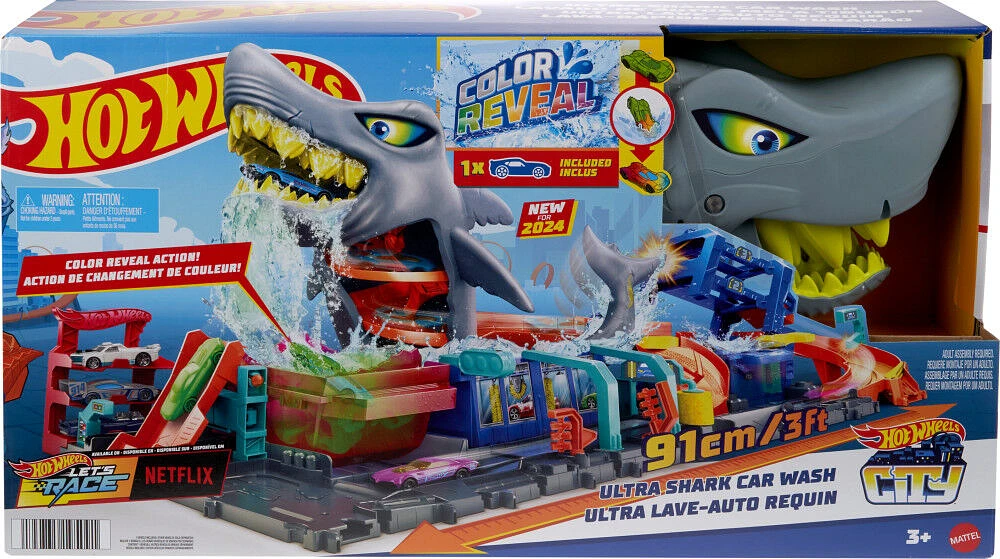 Hot Wheels City Ultra Shark Car Wash with Color Reveal Toy Car in 1:64 Scale