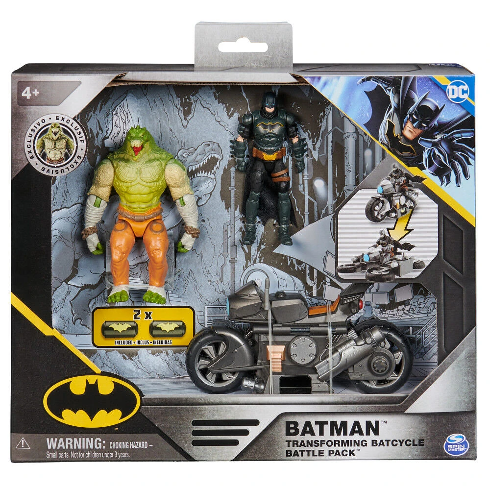 DC Comics, Batman Transforming Batcycle Battle Pack avec figurines articulées Killer Croc et Batman exclusives de 10 cm