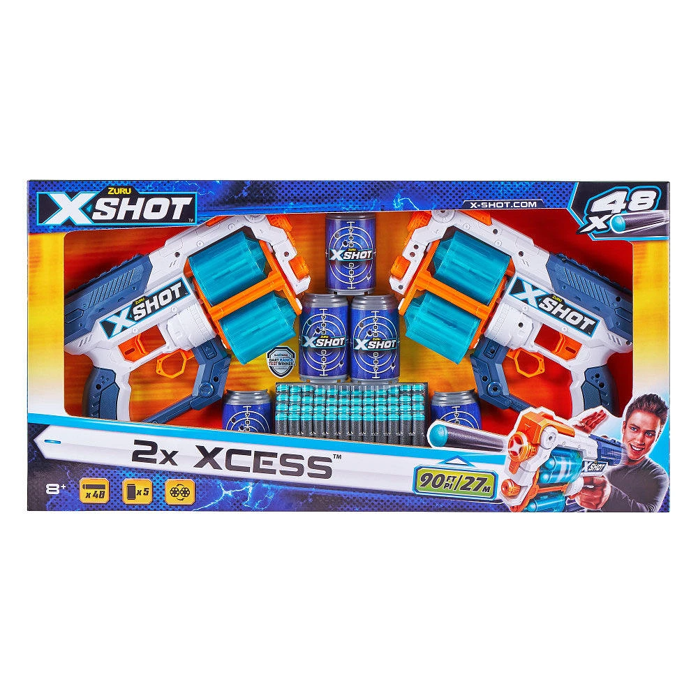 Ensemble combiné de lanceur de fléchettes en mousse X-Shot Excel Double Xcess (48 fléchettes 5 canettes)