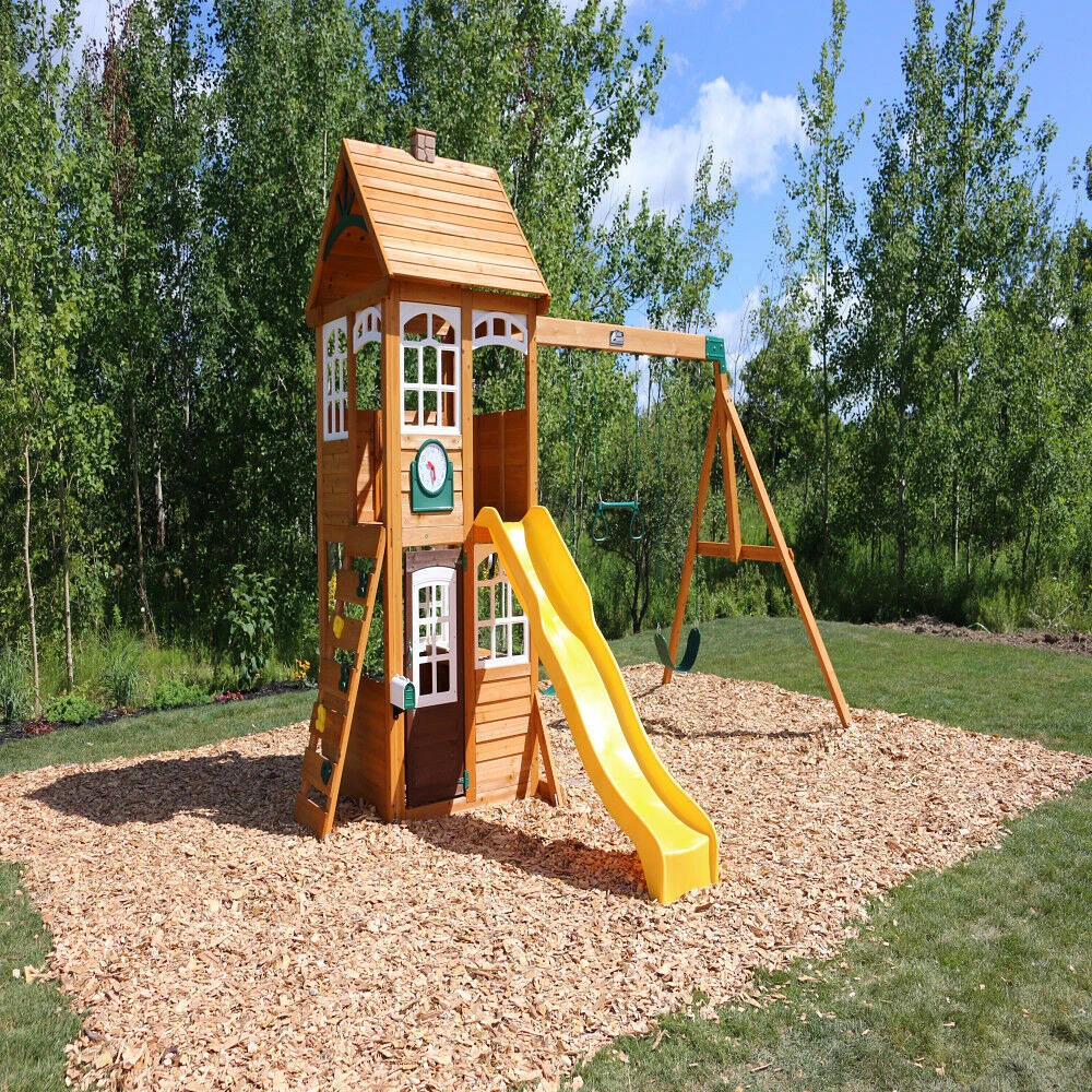 KidKraft McKinley Wooden Swing Set / Playset with Clubhouse, Mailbox, Play Kitchen and Slide