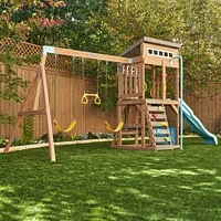 KidKraft - Modern Outdoor Wooden Swing Set / Playset with Fireman's Pole, Reversible Bench - R Exclusive